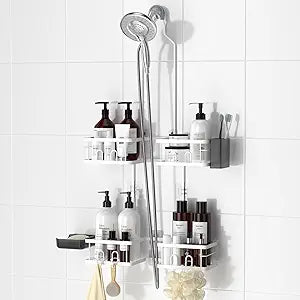 REINHARDT Adjustable Shower Caddy Hanging Rustproof Shower Caddy for Handheld Showerheads, Shower Organizer with Hooks Soap Holder Toothbrush Holder, Anti-Swing Shower Rack Bathroom Accessories, White