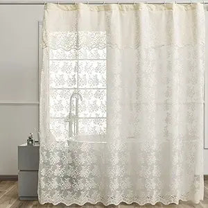 YJ YANJUN Extra Wide French Country Shower Curtain 102x84 Boho Chic Lace Cream Shower Curtain with Valance Vintage Farmhouse Boho Style Flower Print Bathroom Curtains Cream 102 inch Wide