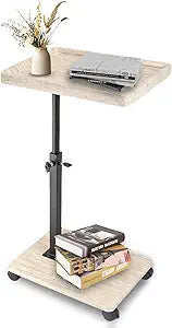 Simcat Adjustable Height C Shaped End Table, 360 Swivel Side Table TV Tray for Small Place, Couch Tables with Wheels Sofa, Bed, Chair (White Grain)