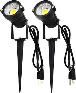 GSS6005 Outdoor Plug-in LED Spotlight  5W 450LM Warm White 3000K, IP65 Waterproof Landscape Spotlight with Ground Stake, Metal, 3ft Cord, 120V (Pack of 2)