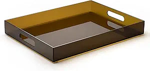 ATZYmolin 16"x12" Large Acrylic Serving Tray Decorative Ottoman Coffee Table Vanity Tray Tea Fruit Platter Snack Appetizer Dessert Drink with Handles for Bar Kitchen Party, Amber