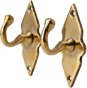 Unlacquered Solid Brass Wall Hooks  Heavy Duty Handmade Coat Hooks for Wall Mount | Decorative Brass Towel Hooks for Bathroom, Robes, Jackets, Towels | Vintage Rustic Coat Hanger (Set of 2)