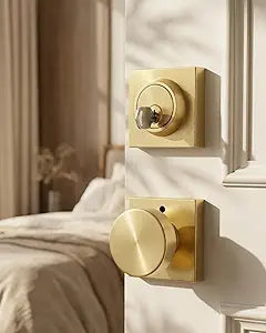 Haidms Gold Door Knob with Deadbolt, Heavy Duty Gold Exterior Door Knobs, Zinc-Alloy Brushed Brass Front Door Knob and Deadbolt Set (1 Pack)