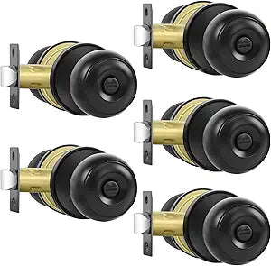 RAZCC Privacy Door Knobs, 5 Pack Matte Black Door Knobs with Lock, Bed and Bath Door Knob Interior Keyless Locksets, Round Door Handles Reversible for Left Right Handed Doors