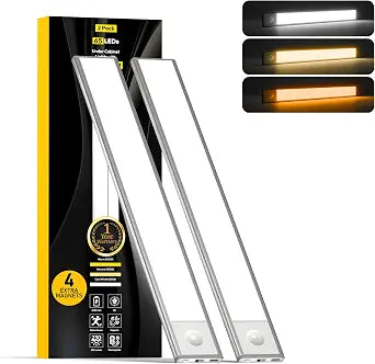 2 Pack Under Cabinet Lights 2200mAh, 65 LED Dimmable Closet Lights with 3 Adjustable Color Temperature, Rechargeable Battery Operated Motion Sensor, Under Cabinet Lighting for Kitchen,Closet (12 Inch)