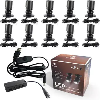 10 Lights Dimmable LED Cabinet Lights USB 5V Downlight for Model Display Counter Wine Garage Kit Exhibition Case Shelf Cold White Mini Spotlight