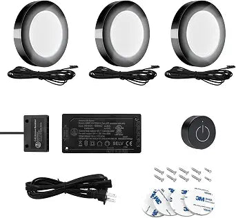 VST Under Cabinet Lighting 12V 2W (12W Total, 60W Equivalent), Wireless Dimmer Switch, Recessed or Surface Mount Wiring Puck Light for Kitchen, Wardrobe (3 Pack Black 4000K)