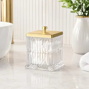 Vince Camuto Home Glass Cotton Jar Holder  Matte Gold Lid, Elegant Bathroom Storage Canister for Qtips, Cotton Balls, Floss, Makeup Organizer, Vanity & Bathroom Organization