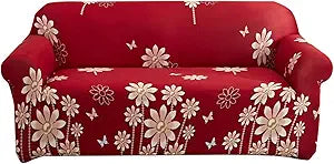 Qubjus Stretch Sofa Cover Printed Couch Cover Patterned with One Separate Cushion Cover for 2 Cushion Couches Sofas Washable Elastic Universal Furniture Protector(Medium,Red Flower)