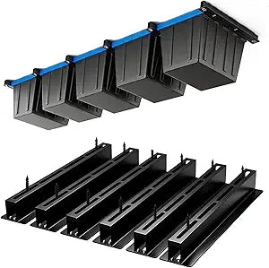Heavy Duty Garage Ceiling Storage Rack System, Overhead Bin Slide Track Rails for 5 Bins (6 Pack), Adjustable Tote Hanger, 176 Lbs Capacity Steel