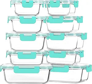 M MCIRCO 10-Pack Glass Food Storage Container with Lids, Airtight Lunch Bento Boxes, Glass Meal Prep Container,Microwave, Oven, Freezer and Dishwasher Friendly, Green