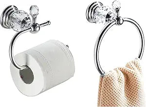 WOLIBEER Crystal Towel Hook, Chrome Towel Ring Toilet Paper Holder Hand Towel Holder Tissue Roll Paper Holder Towel Hanger Silver Bathroom Accessories 2 Pieces Wall Mounted