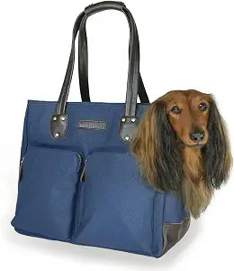 DJANGO Waxed Canvas & Leather Dog Carrier Tote Bag  Premium Soft-Sided Travel Dog Purse with Safety Leash, WR Lining, & Large Zipper Pockets  Everyday Pet Carrier for Small Dogs (Navy Blue, Medium)