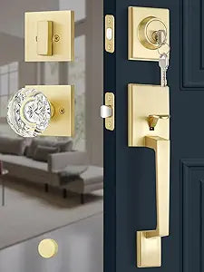 EHOMEWARE Gold Front Door Lock Set, Front Door Handle with Single Deadbolt, Heavy Duty Exterior Door Lock Set, Satin Brass Entry Door Handle, Modern Glass Door Knobs, Universal Fit