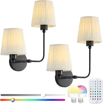 Wireless Sconces Set of 2, Vintage Double Head Battery Operated Wall Sconce, Rechargeable LED Lamps with Remote Control, 15 RGB Colors Cordless Indoor Light for Bedroom Living Room Hallway Fireplace