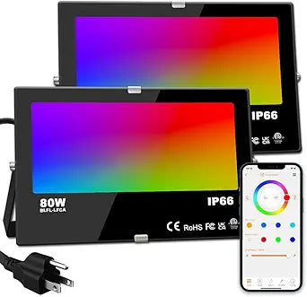 ILC LED Flood Light 80W, 8000LM, Outdoor RGB Color Changing, Smart Floodlights RGBW 2700K Warm White & 16 Million Colors, 20 Modes, Grouping, Timing, IP66 Waterproof (2 Pack)