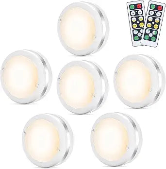 LED Puck Lights 6 Pack, Remote Control, Warm White Brightness Dimmable Battery Powered Touch Closet Cupboard Kitchen Wardrobe Lights