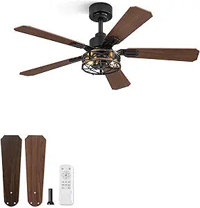 Fanbulous 1 Pack 42 Inch Rustic Caged Ceiling Fan with Lights, Black Farmhouse Ceiling Fans for Bedroom Living Room, Double-Sided 5 Blades Rustic Ceiling Fan