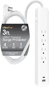 GE Surge Protector Power Strip with USB Ports, 3 Ft Braided Extension Cord
