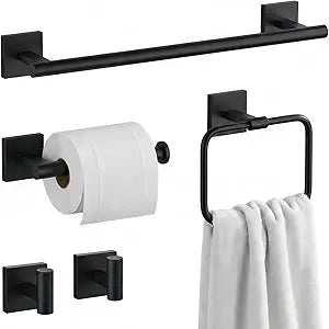 16" Matte Black Bathroom Hardware Accessories Set 5-Piece for RV Camper, SUS304 Stainless Steel Rustproof Towel Bar Kit, Durable Powder Coated Finish with 2 Robe Hooks (Matte Black)