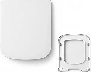 Minsa MinS03 square toilet seat, glossy finish, designed for 16.5L x 15W toilets, features a soft-close seat, quick-release hinges, high-strength PP material, and easy installation.