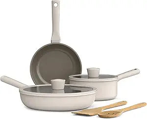bella 7 Piece Cookware Set with EverGood Ceramic Nonstick Coating, Dishwasher Safe Oven Safe, All Stovetops Compatible, Glass Lids with Silicone Rims, Cool Touch Handles, Oatmilk