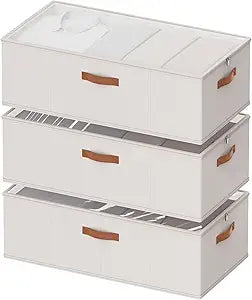 10inch 3 Pack Under Bed Storage Containers, 10 Inch Tall Underbed Clothes Storage Organizer Bin with Clear WindowFoldable Box Basket for Clothes, Closet, Bed Sheets and Blankets White
