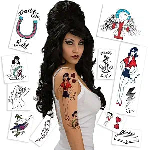 Retro Jazz Singer Temporary Tattoo Set with Beehive Wig