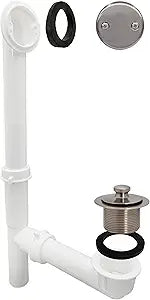 Westbrass 594244-07 14" White Tubular Bath Waste & Overflow Assembly with Twist & Close Drain Plug and 2-Hole Faceplate, Satin Nickel