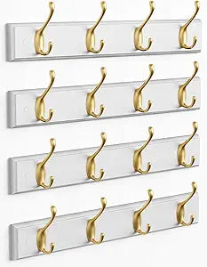 Forbena Gold Coat Rack Wall Mount, Decorative Coat Hooks for Wall, Heavy Duty Coat Hanger Key Holder for Hanging Hats, Coats, Purses, Bags Bathroom, Teen Grils Room (White and Gold, 4 x 4 Hook)