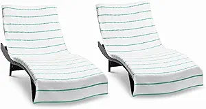 Arkwright Las Rayas Chaise Lounge Cover Towel with Pocket - Pack of 2 - Striped 100% Cotton Cabana Cover for Beach Pool Outdoor Chairs, 30 x 85 in, White/Green