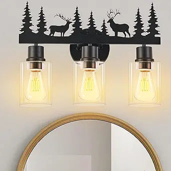 Rustic Bathroom Light Fixtures, 3-Light Farmhouse Vanity Lamp with Deer Design and Clear Glass Shade, Black Wall Lighting for Bathroom, Hallway, Kitchen, Porch