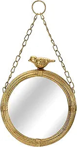 NIKKY HOME 6.7 Inch Decorative Small Hanging Mirrors Vintage Round Metal Framed Wall Mounted Mirror Decor with Bird for Bathroom Living Room Office, Rustic Gold