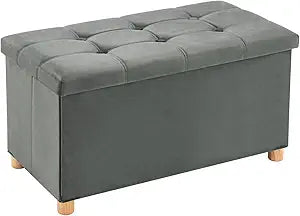 YOUDENOVA 30 Inches Folding Storage Ottoman Bench, Velvet Storage Chest, Footrest Couch with Wooden Legs, Support 350lbs for Bedroom, Living Room, Hallway, Grey,Clearance