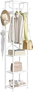 ELYKEN Coat Rack Freestanding, Hall Tree with 3 Storage Shelves and 12 Hooks, Industrial Clothes Rack Stand Organizer for Bedroom, Hallway, Entryway, Office, Living Room, White