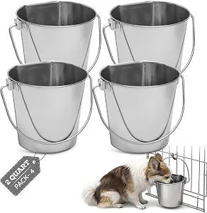 Flat Side Stainless Steel Bucket 2 Quart Hanging Feeding Utility Pail for Small Dog Cat Birds, Fits Kennel Cage Compatible, Heavy Duty Food & Water Feeder, 0.5 Gallon Silver Bucket 4 Pack