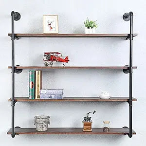 Industrial Pipe Shelving Wall Mounted,48in Rustic Metal Floating Shelves,Steampunk Real Wood Book Shelves,Wall Shelf Unit Bookshelf Hanging Wall Shelves,Farmhouse Kitchen Bar Shelving(4 Tier)