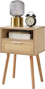 IBUYKE Rattan Nightstand, Boho Side Table with Drawer Open Shelf, Wood Accent Bedside Table, End Table with Legs for Bedroom, Living Room and Small Spaces,Natural UWNS009N
