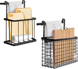 2 Pack Cabinet Door Organizer with Towel Bar, Over The Cabinet Door Storage with Towel Holder for Kitchen Cutting Board,Black