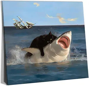 Yaneiro Framed Black Cat Bathroom Wall Art, Funny Quirky Cat and Shark Pictures Canvas Print, Abstract Black Cat Shark Posters Wall Decor for Room Bedroom Living Room Bathroom 20x20 in
