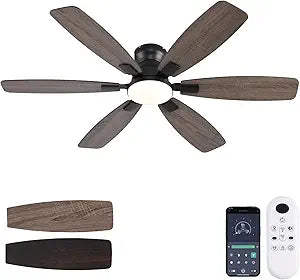 Ayaoty Ceiling Fans with Lights, 52 Inch Low Profile Ceiling Fan with Light and Remote Control, Flush Mount, Reversible, 3CCT, Dimmable, Quiet, Brown Ceiling Fan for Bedroom Indoor/Outdoor Use