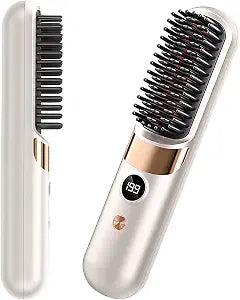 Go Brush Pro Cordless Hair Straightener Brush - Portable Rechargeable Ceramic Styling Brush with 4 Adjustable Heat Modes & LED Display, Perfect for Travel & Everyday Use (Cream White)