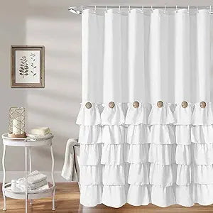 Seasonwood White Ruffle Shower Curtain Farmhouse Shower Curtain 72 X 78 inch Fabric Shower Curtains with Buttons & White Ruffles for Bathroom Bathtubs Decor Accessory