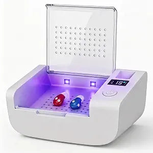 Hearing Aid Dryer Dehumidifier, Dual UV Deep Hygiene Purification Hearing Aid Cleaning Kit, Constant 43C Gentle Heat Dry Box with Digital Time, Dual 5V1A Input Output Power Ports for BTE RIC ITC ITE