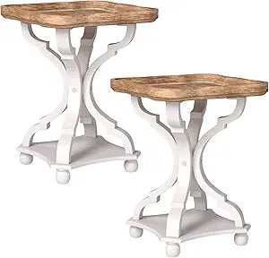 COZAYH Set of 2 Farmhouse Cottagecore End Tables, Rustic Wood Tray Top Square Accent Table with White Curved Legs for Family Room, Living Room, or Small Spaces
