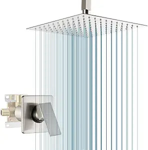 Ceiling Mount Shower Faucet Set Brushed Nickel Bathroom 10 Inch Rainfall Mixer Shower Head System Single Handle Shower Trim Kit with Rough-in Valve