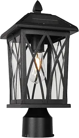 Treekee Solar Post Light Outdoor, Rustic Black Pier Mount Lantern with Clear Glass, Waterproof LED Solar Powered Lamp for Fence Patio Garden, Auto On Off Dusk to Dawn, Bulb Included