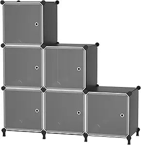 Cube Storage Organizer, 6-Cube Shelves Unit with Doors, DIY Stackable Plastic Clothes Organizer for Bedroom and Under Stairs Storage Unit, Each Compartment 30 x 30 x 30 cm Black