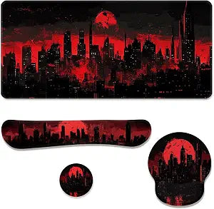 Dark City Desk Mat Set Red Moon Gothic Skyline Neon Mouse Pad with Wrist Rest 4in1 Desk Mat for Desktop Ergonomic Computer Desk Arm Wrist Anti-Slip Computer Ergonomic Mouse Pad Home Office Gaming