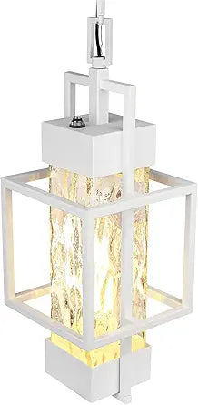 PARTPHONER 15" Dusk to Dawn Outdoor Pendant Light Exterior Hanging Lantern, Modern Metal Outside Chandelier Light Fixture Ceiling Mount with Water Glass for Front Porch Entrance Foyer Entryway,White